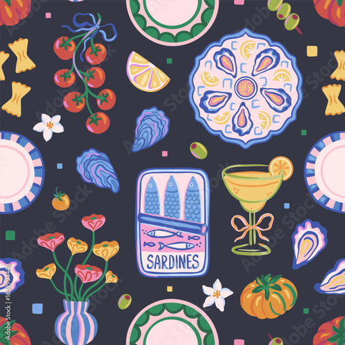 Seamless pattern of sardine tin, oysters, lemons, tomatoes, cocktail, olives, plates on dark background. Hand-drawn Mediterranean food and drink. Summer dining and seafood. Vector design