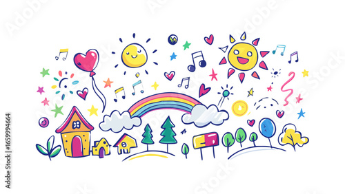 Cheerful doodle landscape with sun rainbow and houses