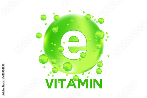 Vitamin E glowing 3D green icon, fluid flowing bubble fizz, liquid droplet, design element isolated, transparent background. Fresh nutrition supplement product vector illustration.