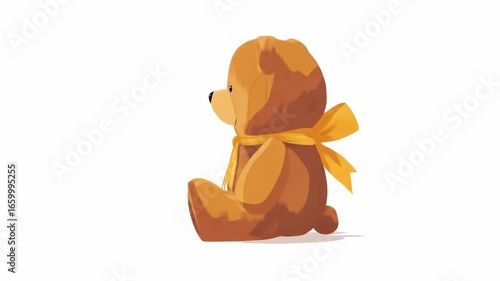 A brown teddy bear sits facing away, wearing a yellow ribbon tied in a bow around its neck.  It's depicted in a simple, painterly style against a white background.  