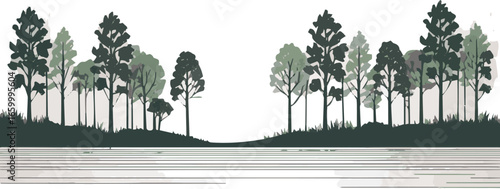 Create a Architectural Drawings, Minimal style cad tree line drawing, Side view, set of section wetland forest outline for landscape design drawing. Vector illustration in seperate element vector art 