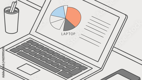 Illustrated Laptop Displaying Pie Chart and Data.