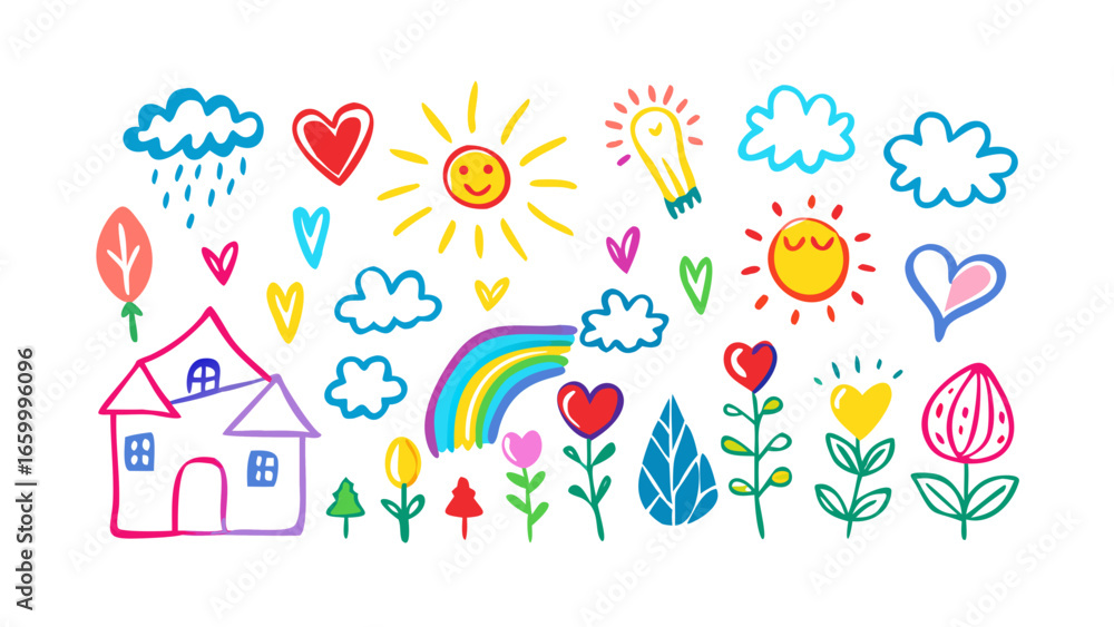 Fototapeta premium Colorful doodle elements with house and rainbow clouds
