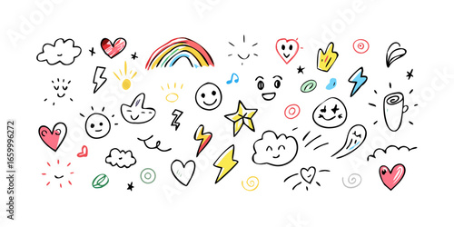 Colorful doodle icons hearts stars rainbow lightning