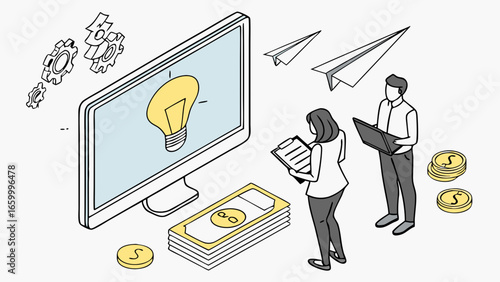 Isometric Illustration of Business People Brainstorming New Ideas on Computer Screen.