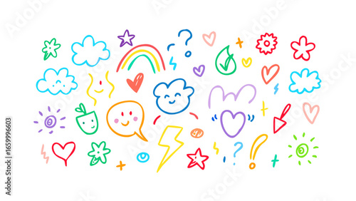 Colorful doodles with hearts and clouds stars