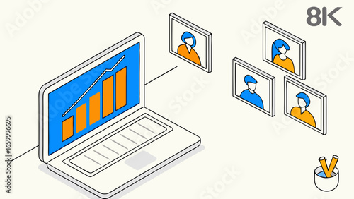 Isometric Laptop Displaying a Rising Bar Graph with Virtual Meeting Attendees.