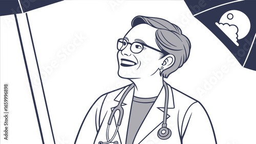 Joyful Female Doctor in Lab Coat with Stethoscope.