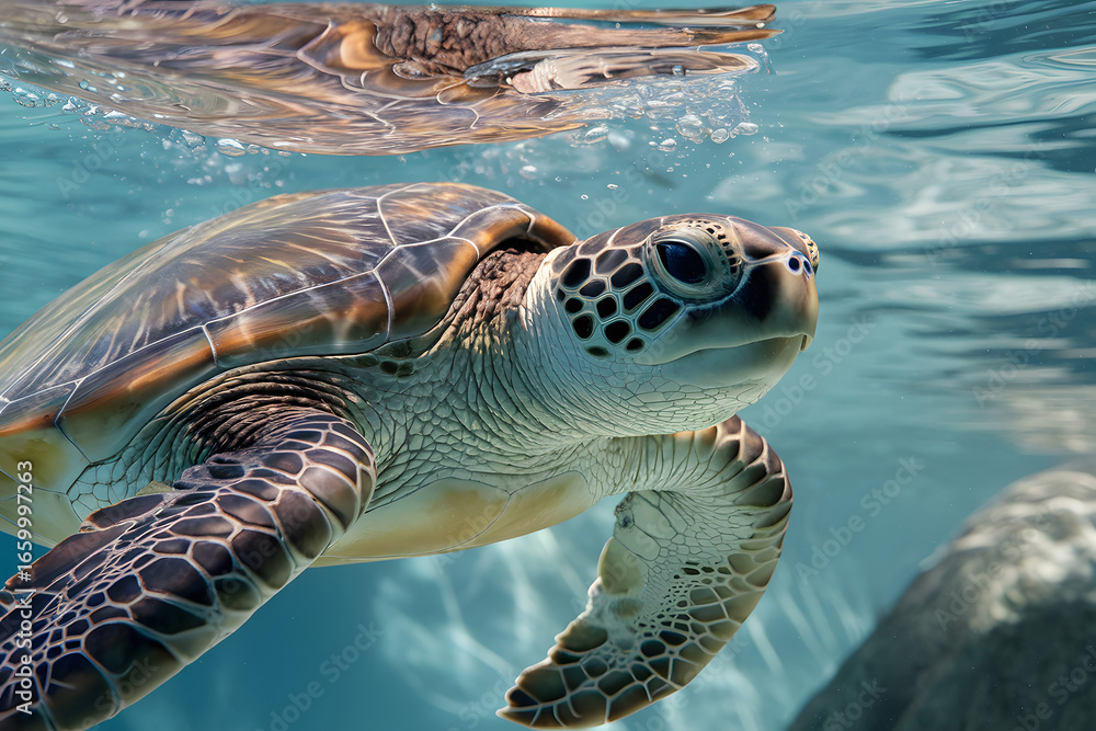 Fototapeta premium Close-up of a Sea Turtle swimming underwater. AI Generated 