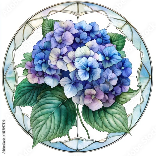 Blue and Purple Hydrangea Bouquet in a Circular Stained Glass Frame