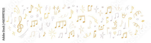 Merry Christmas and Happy New Year music festival golden and silver background. Xmas carol melody. Luxury celebration hand drawn doodle background. Musical notes, keys, symbols, clef