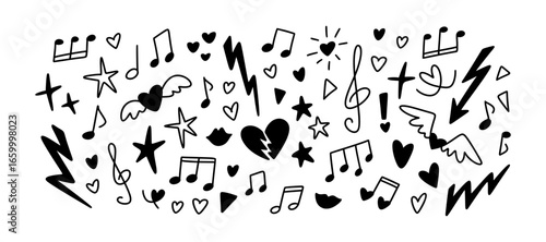 Punk rock music hand drawn doodle background. Marker drawing, fun quirky stickers, tattoo, crayon scribbles design elements. Grunge vector illustration. Note, heart, star, lightning stickers and icons