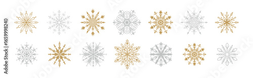 Set of gold and silver snow flakes. Winter golden background. Star shape, mandala, snowflake linear vector illustration. Happy New year and Merry Christmas border pattern. Holiday graphic decor
