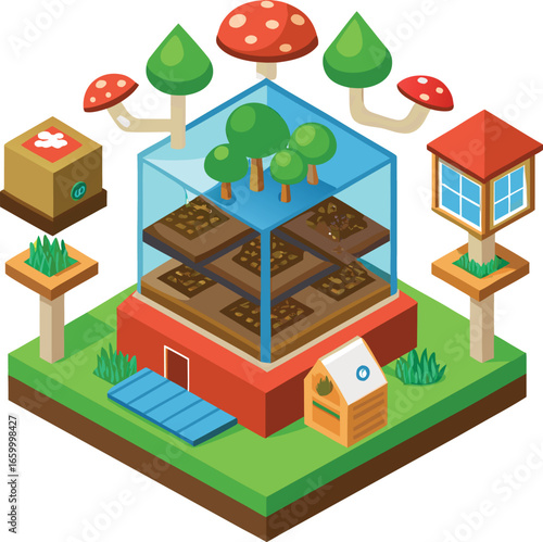 Isometric vector diagram of a home mushroom kit.