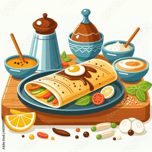 A cartoon food scene showing a filled crêpe with various side dishes on a wooden board