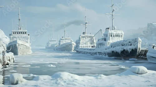 Frozen ships in a winter harbor