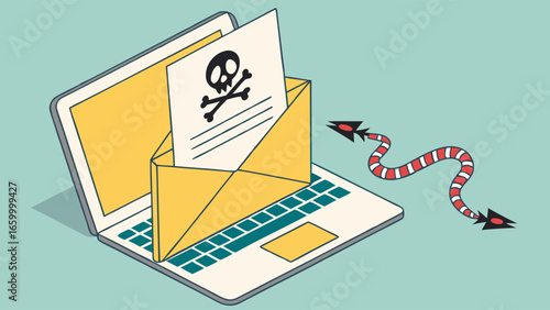 Laptop with a malicious email containing a skull and crossbones icon.