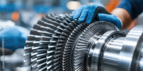 Industrial worker assembling turbine engine rotor in factory