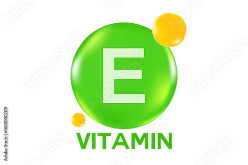 Vitamin E glowing 3D green icon, fluid flowing bubble fizz, liquid droplet, design element isolated, transparent background. Fresh nutrition supplement product vector illustration.