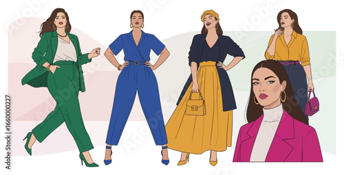Stylish curvy women in trendy outfits. A collection showcasing body positivity and modern fashion illustration.
