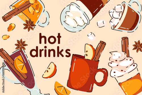 Banner with autumn, winter hot drinks. Pumpkin latte, hot chocolate, coffee with cream, mulled wine, cocoa with marshmallow. Background with drinks. Vector illustration.	
