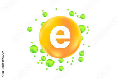 Vitamin E glowing 3D green icon, fluid flowing bubble fizz, liquid droplet, design element isolated, transparent background. Fresh nutrition supplement product vector illustration.