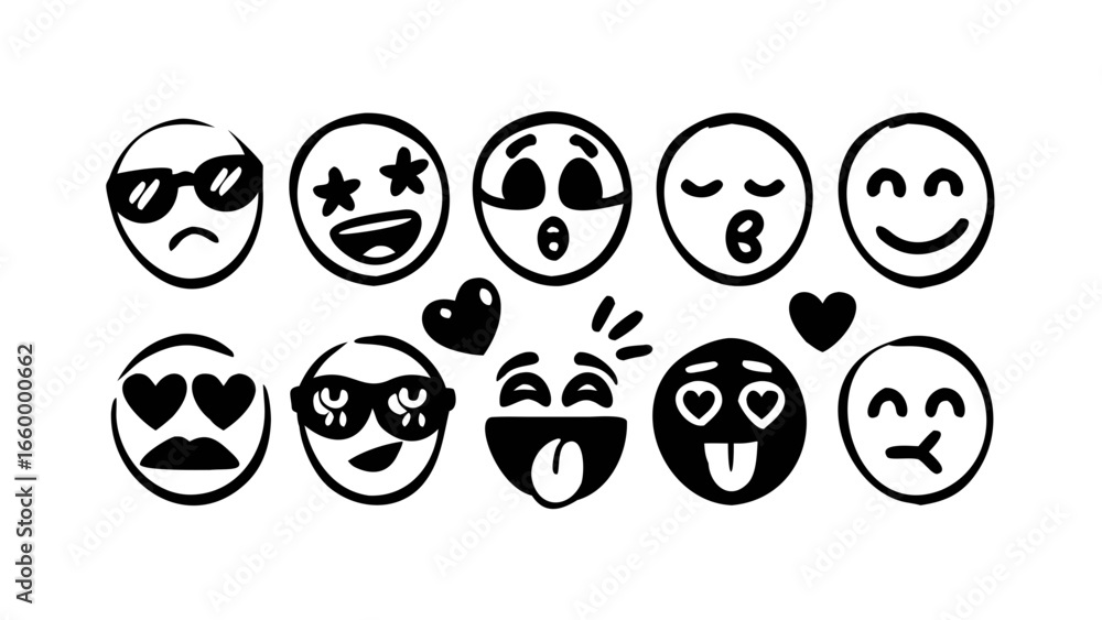 Fototapeta premium Diverse Doodle Emoji Faces black white