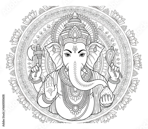 Intricate Line Art Drawing of Ganesha, Hindu God, Mandala Design