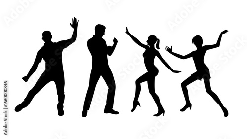 Diverse people dancing joyfully silhouettes