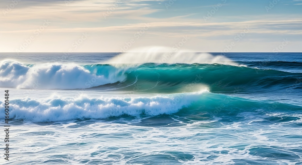 Obraz premium Majestic ocean waves crashing under a luminous sky creating foamy textures