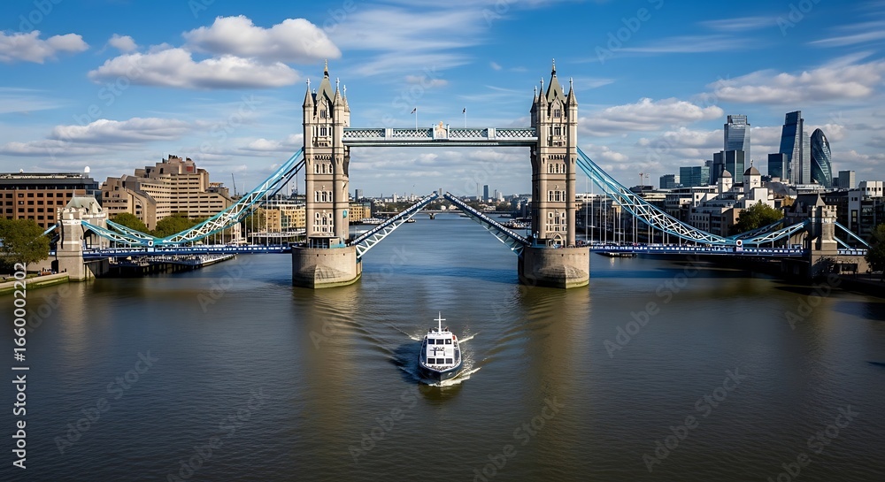 Naklejka premium Iconic Tower Bridge over the River Thames with London skyline and a boat.