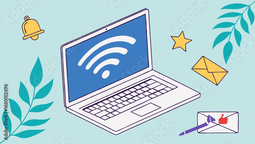 Modern Laptop Displaying Wireless Internet Connection Symbol.