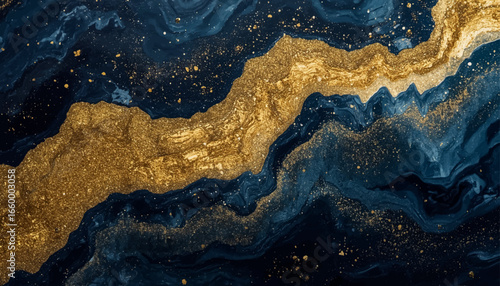 Gold leaf on a background of blue wavy liquid paint