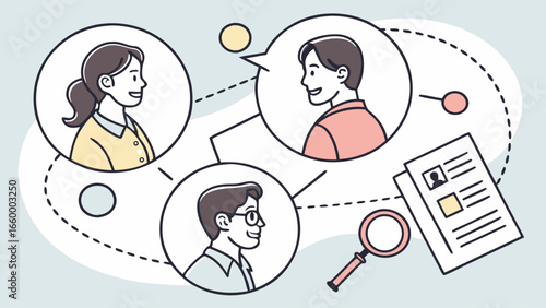 Network of Job Applicants with Profiles and Magnifying Glass.