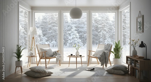 Cozy living room with large windows showcasing a serene winter forest landscape.