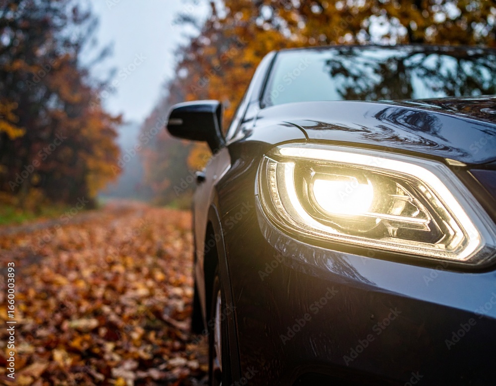 Fototapeta premium Frontscheinwerfer eines PKWs im Herbst in der Dämmerung
