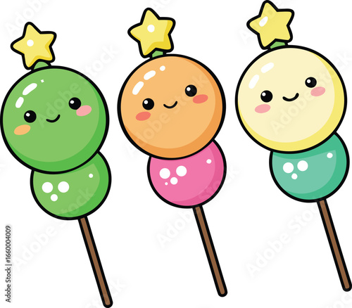Cute Kawaii Dango Skewers with Stars – Adorable Japanese Sweet Candy Cartoon Vector