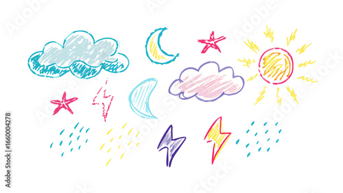 Hand drawn weather icons moon clouds