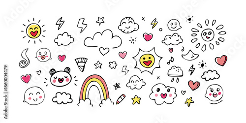 Happy doodle art with hearts and smiles rainbow