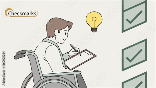 Person in Wheelchair Writing on Clipboard with Lightbulb and Checkmarks.