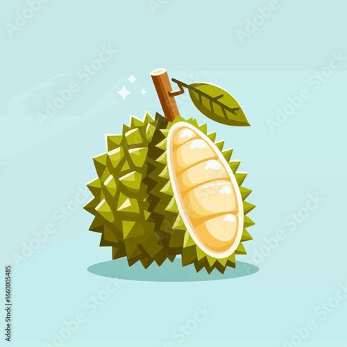 Cartoon durian fruit cut open showing segments with stem and leaf on light blue background