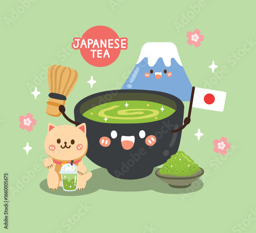 cute character Japanese Matcha Green tea, cute Fuji san, Lucky Cat Love Green tea