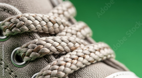 Detailed macro shot of thick, woven shoelaces threaded through the eyelets of a canvas shoe against a green background.