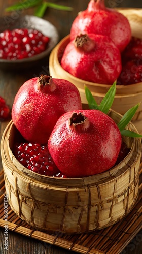 Juicy pomegranates in bamboo steamers with seeds