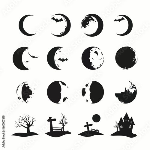 Halloween Moon Phases isolated in White background, silhouette Set, Halloween theme, Vector illustration