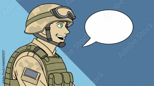 Smiling Military Personnel in Camouflage Uniform with Communication Equipment.