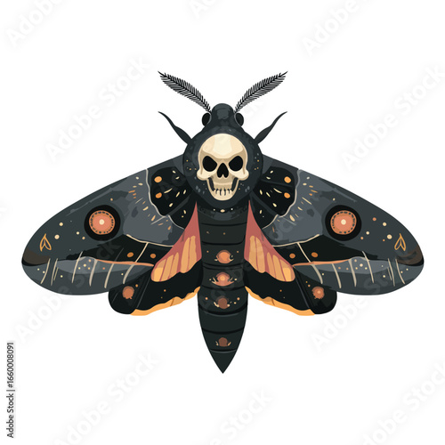 Halloween Moth (death_s-head hawkmoth) isolated in White background, silhouette Set, Halloween theme, Vector illustration