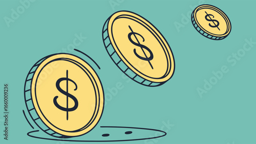 Three Falling Cartoon Dollar Coins Illustration.