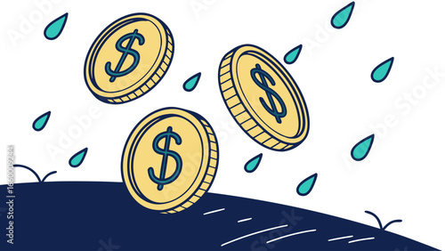 Three Falling Dollar Coins with Teal Droplets.