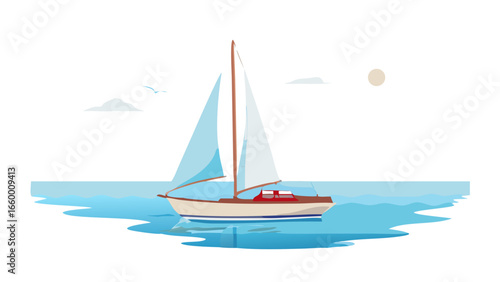 Sailboat gliding on blue water under pale moon sailing